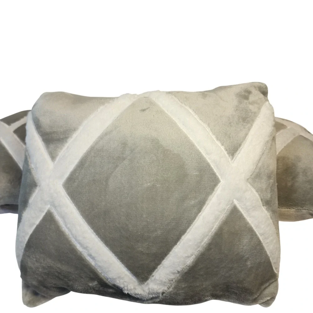 3 Gray White Geometric Diamond Buffalo Plaid Reversible Plush Pillows 16x12